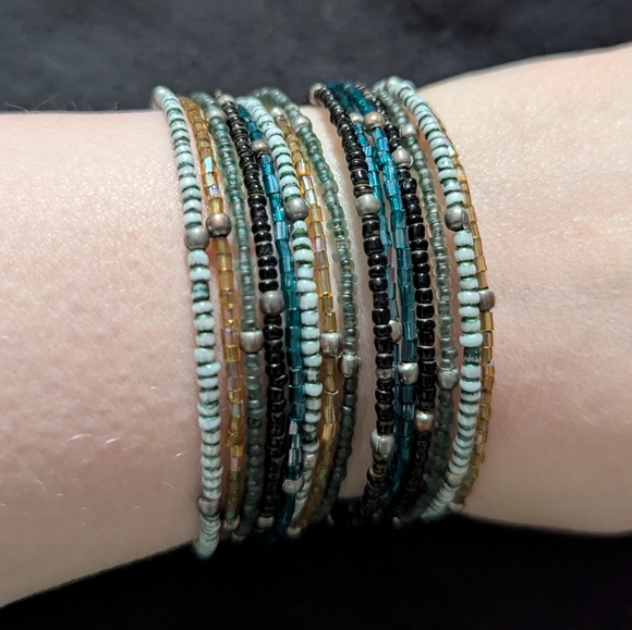 Multicolor Blue and Brown Beaded Memory Wire Multi Wrap Statement Bracelet - Picture 1 of 4